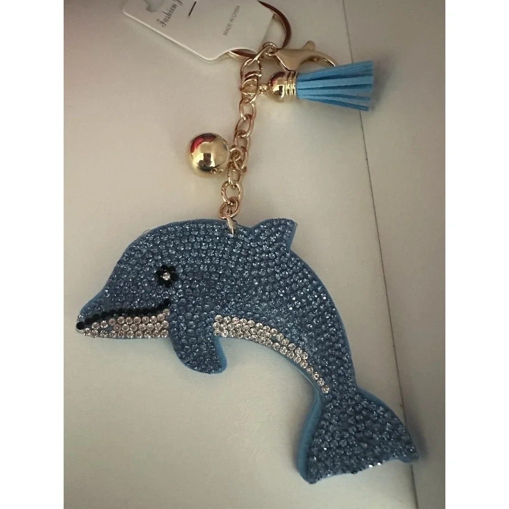 Dolphin Keychain Crystal Rhinestone Faux Leather Tassel Felt Back - Blue